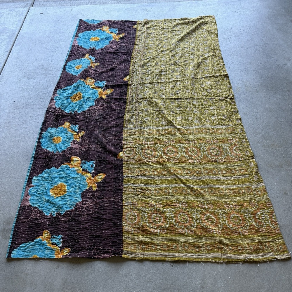 Vintage Kantha Quilt Handmade Reversible Cotton Throw Blanket Boho Floral 51x71